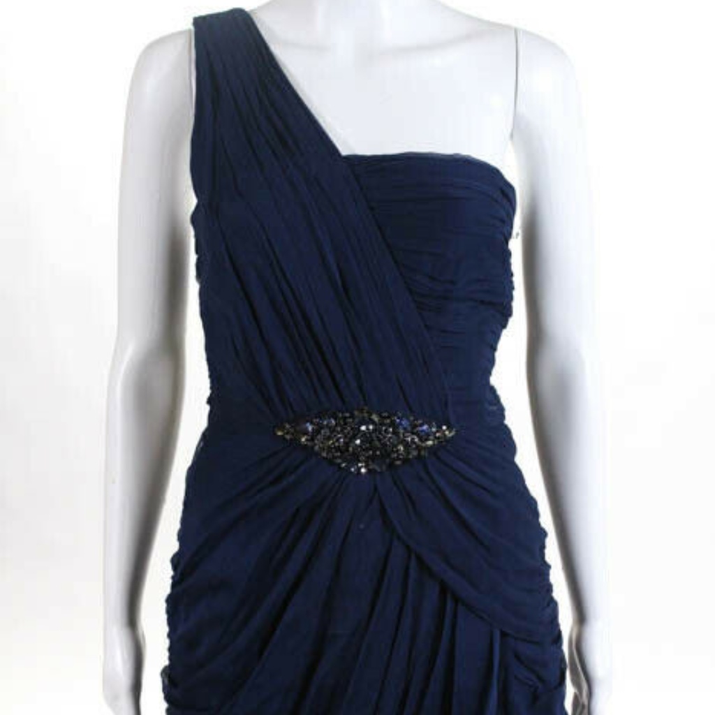 Kurt Thomas Blue Silk One Shoulder Jeweled Dress 6